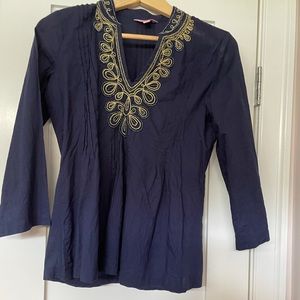 Lilly Pulitzer navy blue &gold embroidered blouse